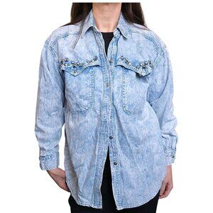 VTG 80s Womens Medium Acid Washed Denim‎ Jean Shirt Longsleeve Studded Punk